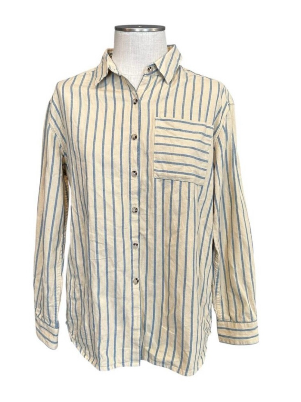 Toad & Co Beige Blue Stripe Button Down Shirt Women’s Small
